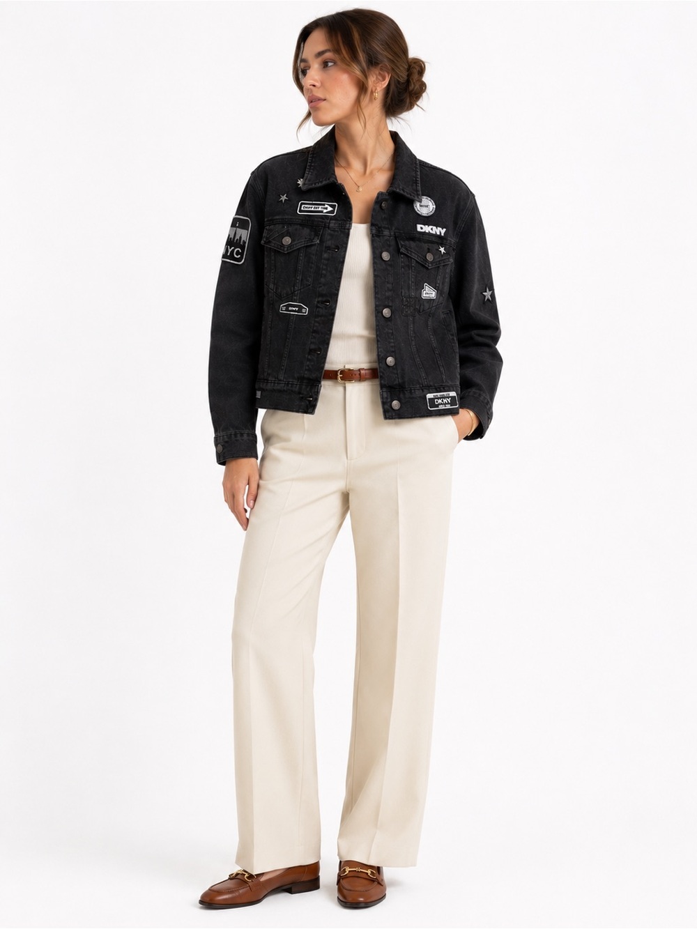 DKNY Bowery Women’s M Black Denim Jacket NYC Patch Star Embroidered NWT